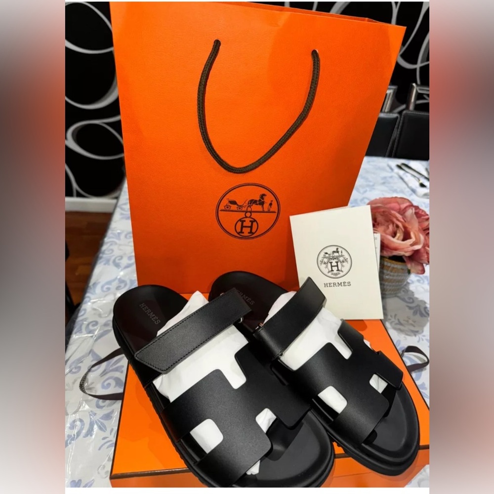 Size 40.5EU (fit To 39 Size) NIB HERMÈS Black Calfskin Women’s Chypre Sandals w